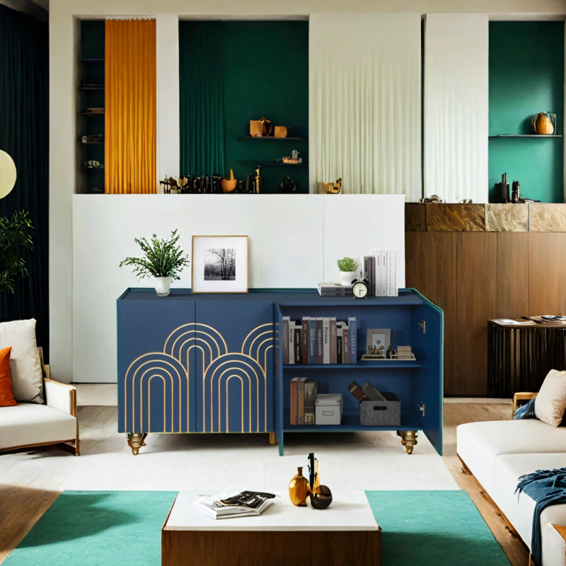 Buffet de salle à manger bleu marine avec tablettes réglables 4 portes et armoire de rangement Alcove moderne