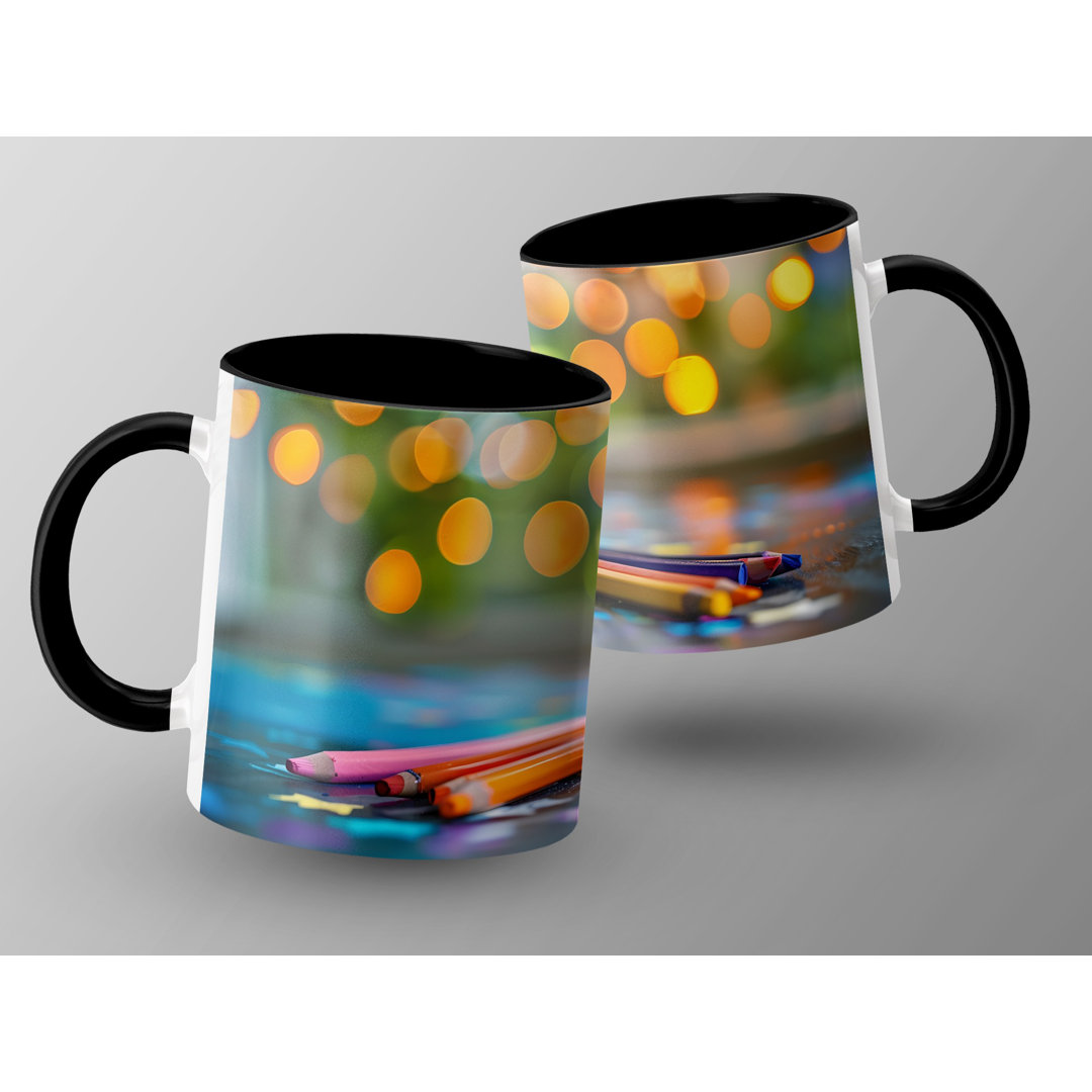 Set of 3 Kids Drawing Style 11oz Accent Mugs – White Ceramic Coffee Cups with a Black Handle and Interior