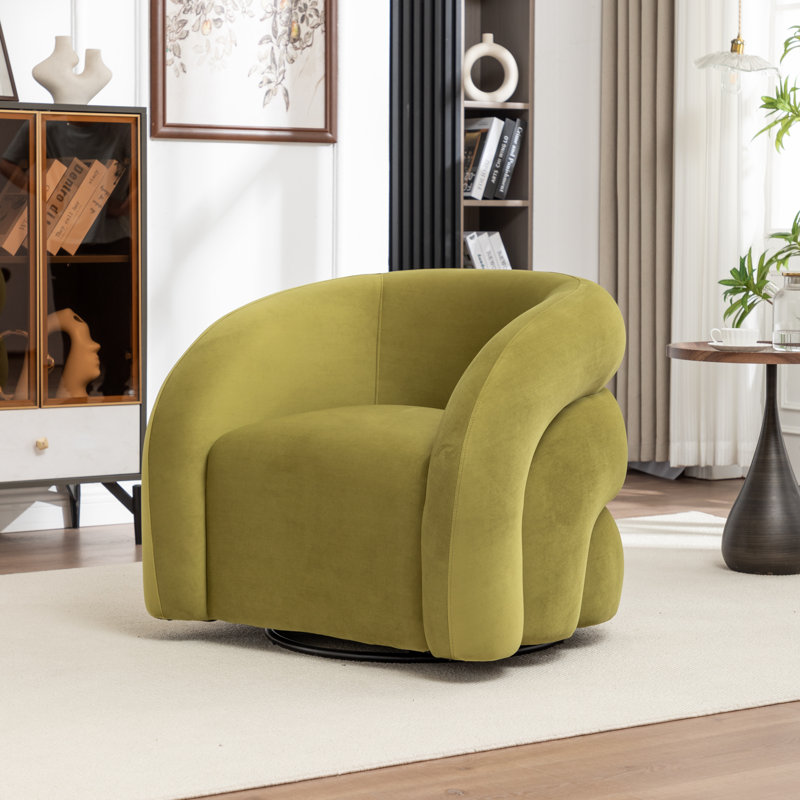Fauteuil demi-tonneau pivotant rembourré Coyle, Velours vert, 1