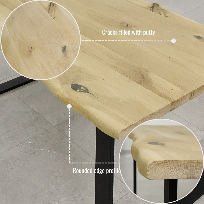 Marquand Oak Solid Wood Top Metal Base Dining Table, 79H x 160L x 80W cm, Untreated Wood