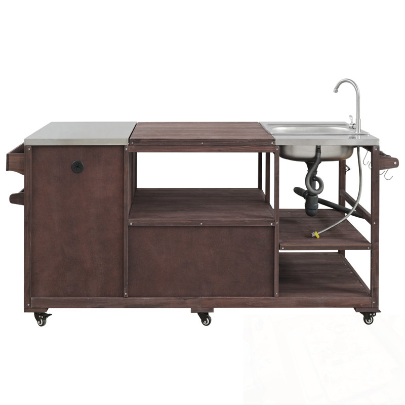 Îlot de cuisine extérieur avec plateau en acier inoxydable, deux armoires et tablette ouverte, Brun