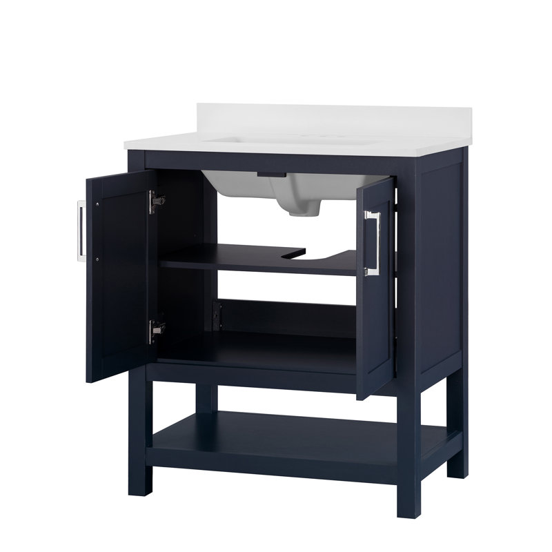 Midnight Blue Freestanding Bathroom Vanity with Marble Top, 30 Inch
