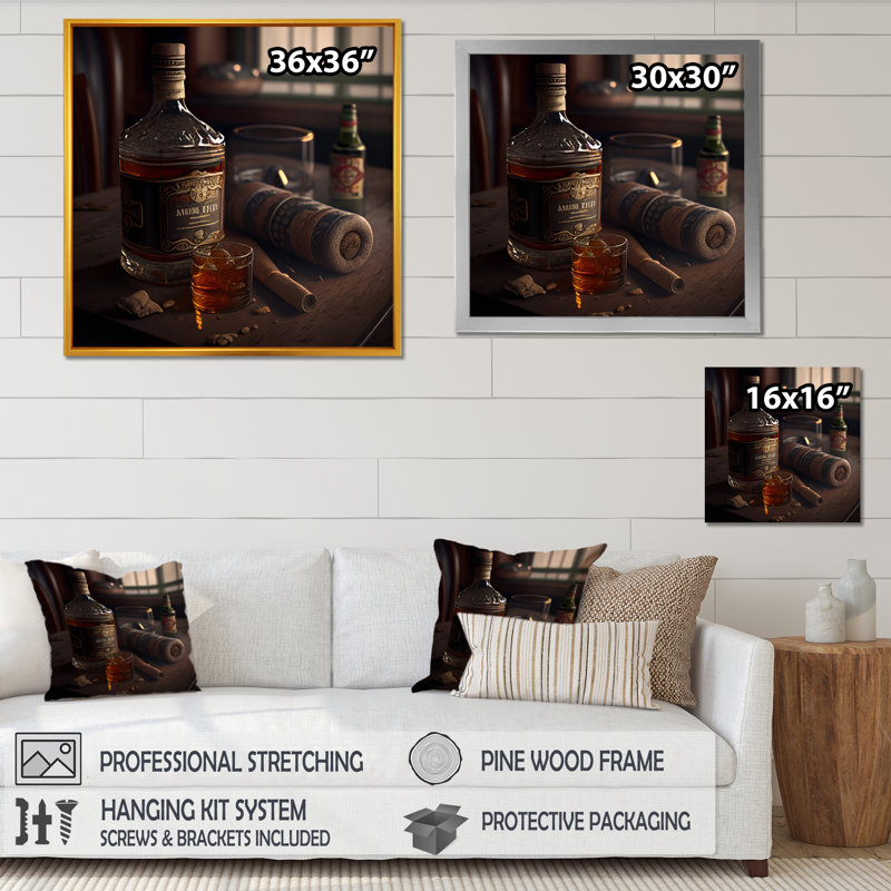 «Alhanol with Cigars IV», impression sur toile, Cadre doré, H 36 po x l 36 po x P 1,5 po