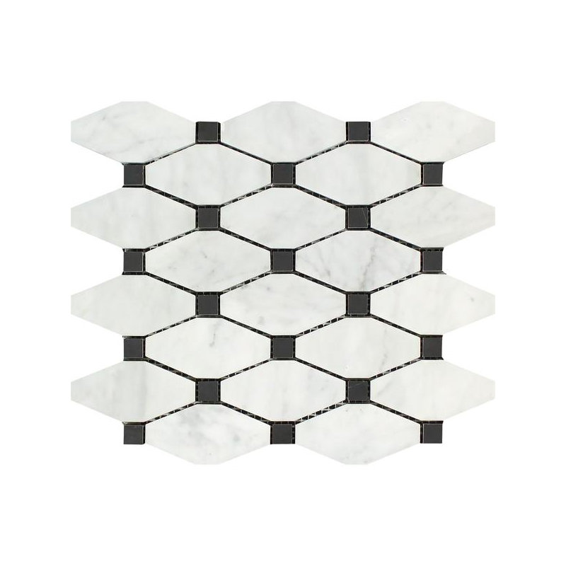 Oriental 12" x 12" Marble Octagon and Dot Mosaic Tile, White/Black