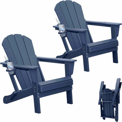 Chairs Set Of 2, Plastic Chair, Chairs, Hdpe Chair, Folding Chairs, Outdoor Chairs With Cup Holder For Lawn Patio Deck Fire Pit -Dark Blue