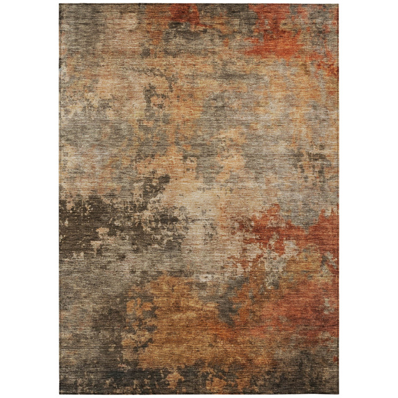 Tapis extérieur lavable abstrait brun kaki et cuivre 5 pi x 8 pi