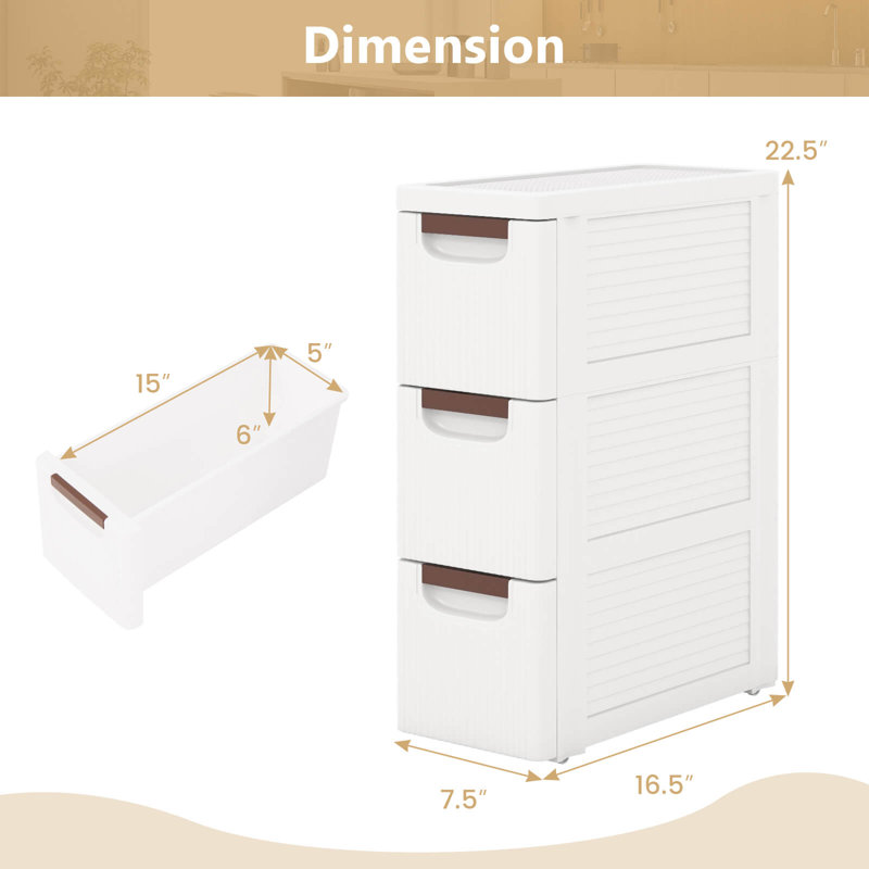 Inbox Zero 2 Pcs 3-drawer Narrow Rolling Storage Cabinet With Pull Handles Built-in Wheels