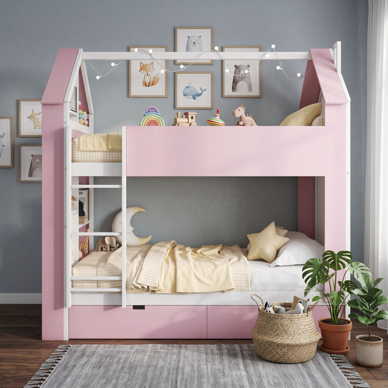 Lit superposé double au-dessus de double avec tablettes, tiroirs de rangement, bande lumineuse à DEL intégrée, Rose blanc