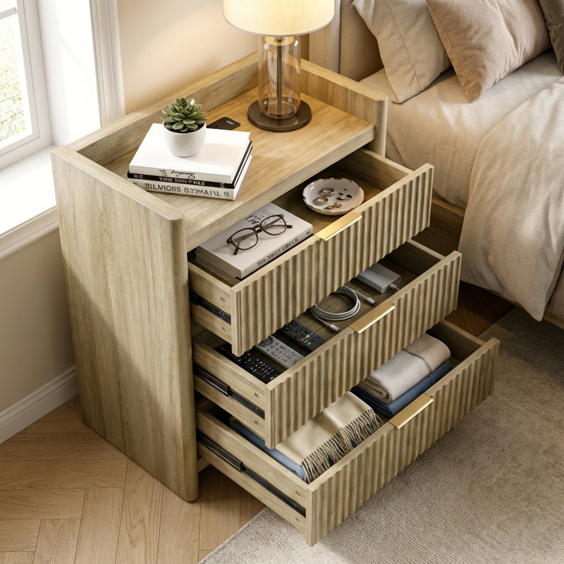 Fluted Round-Edge Light Oak Nightstand, 24" Wide With 3 Drawers & Built-In Power Outlet, Oak