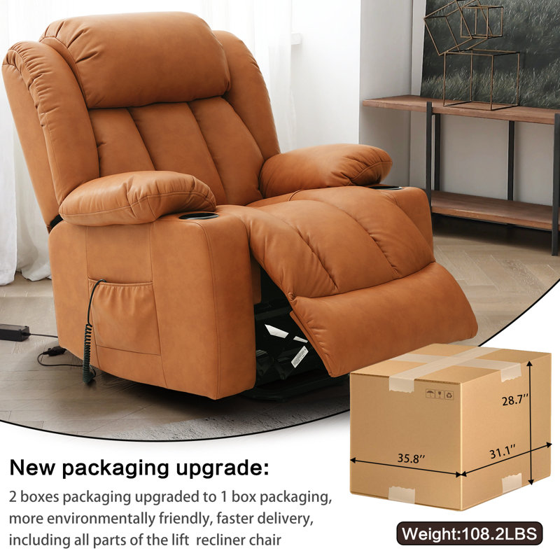 Sandrew Power Lift Recliner Chair with Vibrating Massage and Heating, 2 Side Pockets, and Cup Holders, USB Ports, Right Side Button, Faux Leather