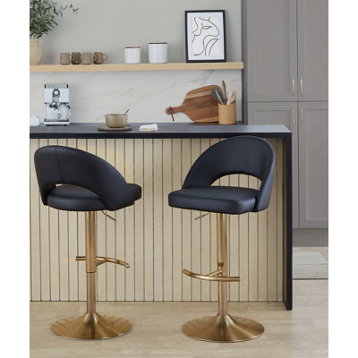 Tabouret de bar réglable avec pivot en métal doré et similicuir noir avec repose-pieds rond en T - ensemble de 2