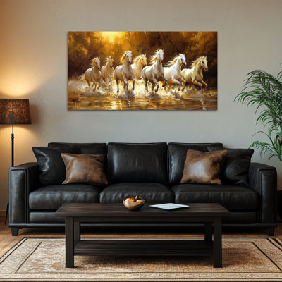 Art mural cheval GUTTATY, 7 chevaux qui courent, peinture Vastu avec cadre, décor mural de photos de chevaux pour le salon, 7 chevaux qui courent, grand cheval, affiche d'art encadrée pour chambre ou bureau, impression murale de chevaux rétro 20 x 40 pouces