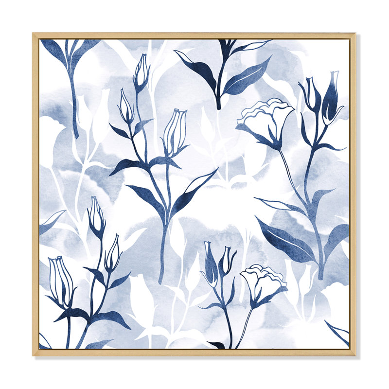 Fleurs bleues bleues sur fond blanc, reproduction d'art sur toile, Cadre flottant en érable, H 36 po x l 36 po x P 1 po