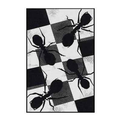 Machine Washable Ozgur Fire Ant Modern Checkered Rug in Gray – Black Binding