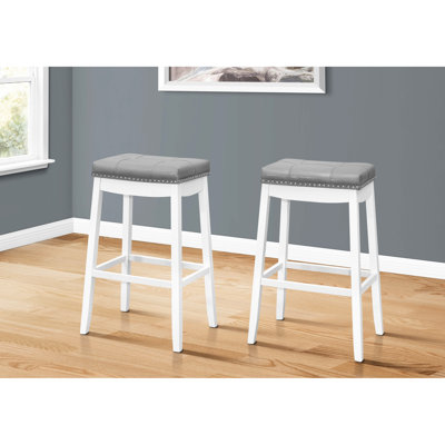 2 Bar Stools, Height Saddle Seat Design, Leather Look Fabric On White Wood Base, Foam Padding For Relaxation, Structure Stool Of 2, Bar-Height Seating, With Leather-Like Upholstery, Comfort,