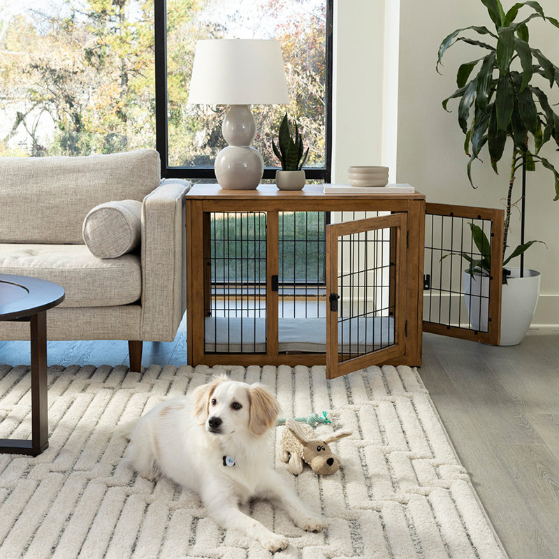 PETMAKER Furniture-Style Dog Crate - Acacia Wood Kennel with Double Doors and Cushion, Natural