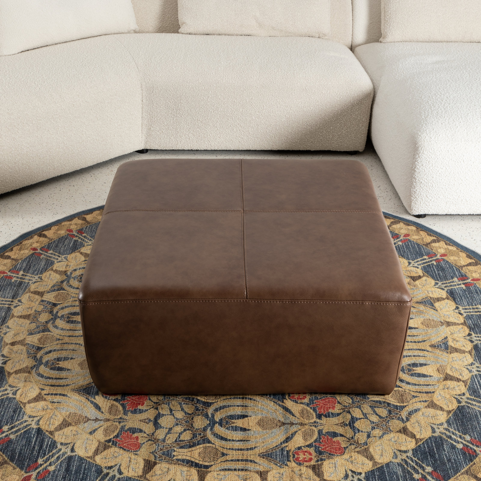  Hartwell 35" Square Genuine Leather Ottoman, Chestnut Genuine Leather