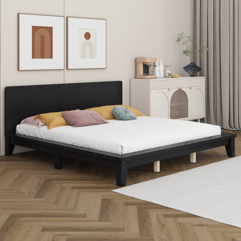 Lit plateforme, cadre de lit moderne de style Mid-Century avec tête de lit, cadre de lit uni, Noir