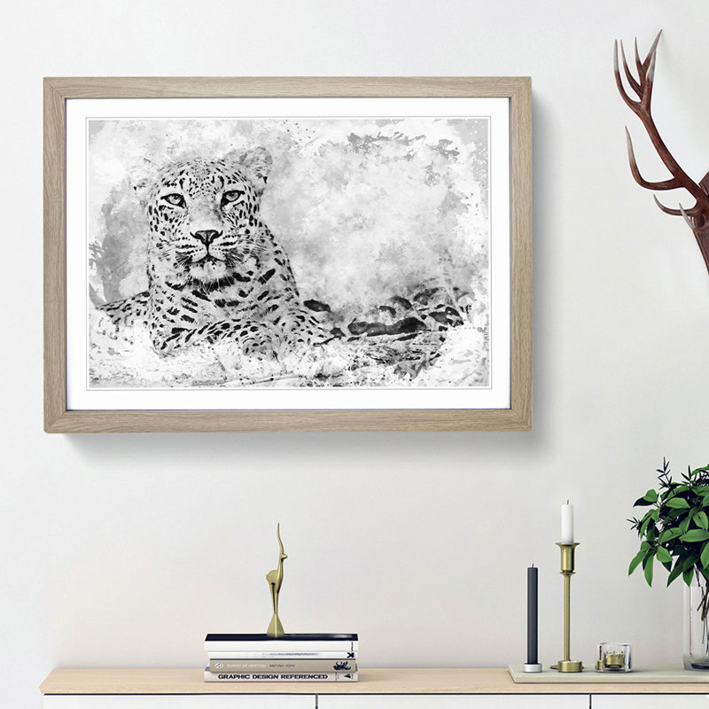 Leopard Resting in Abstract - Picture Frame Painting Print, 48cm H x 65cm W x 2cm D, Oak Framed