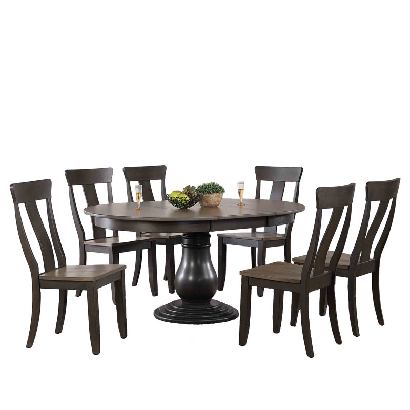 Kyandra 7-Piece Solid Wood Round Extendable Dining Table Set In Grey With A Gear Driven 18" Takeout Leaf- (seats 4-6 people)