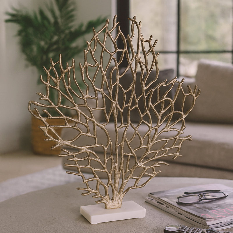 Sculpture Beti - Métal - Design d'inspiration corail avec base en marbre, Doré, H 21 po x l 19 po x P 4 po