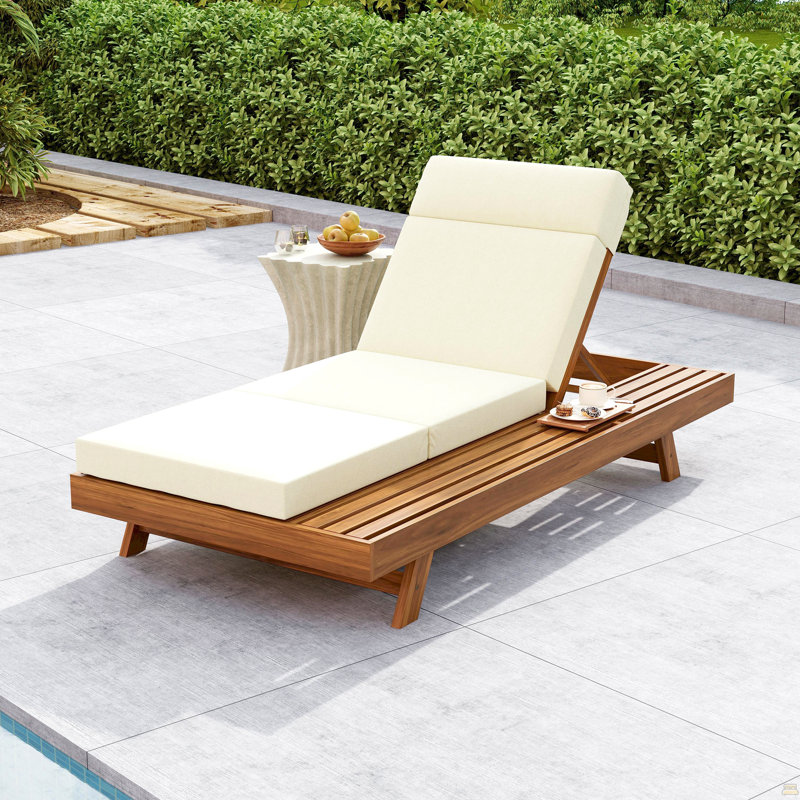 Lounge Chaise Set With Headrest, Space Available On One Side,Acacia Wood With Water-Resistant Lounge Cushions, Beige