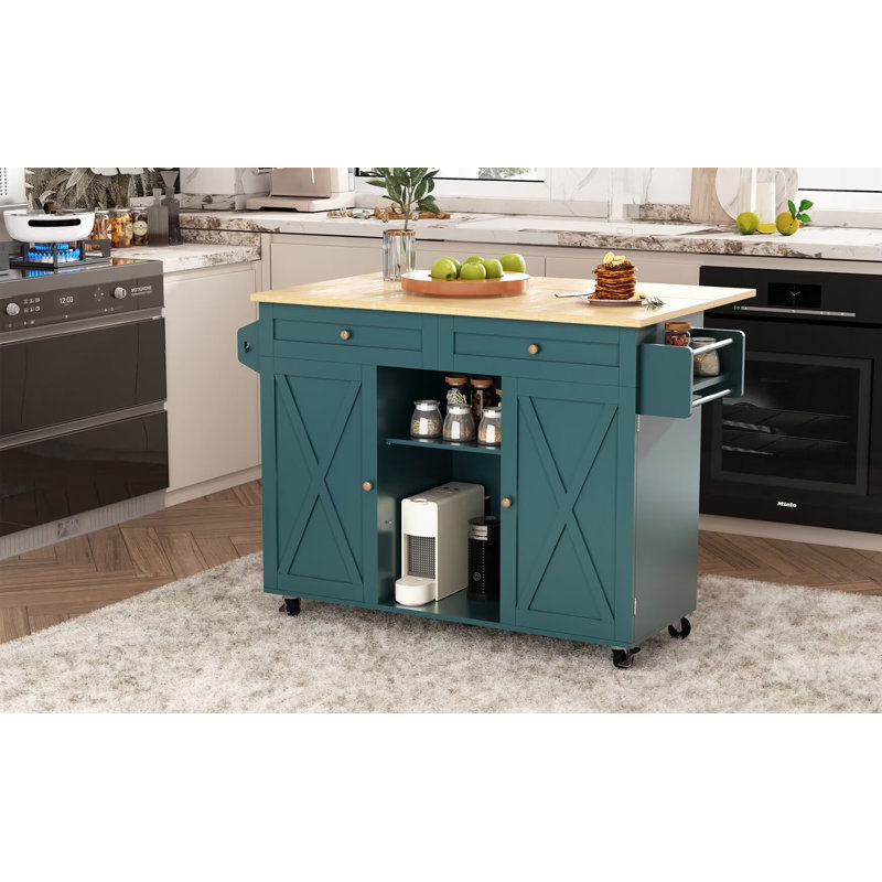 Jaye 51.7" Kitchen Island on Wheels with Storage Cabinet with Drop Leaf Countertop, Green