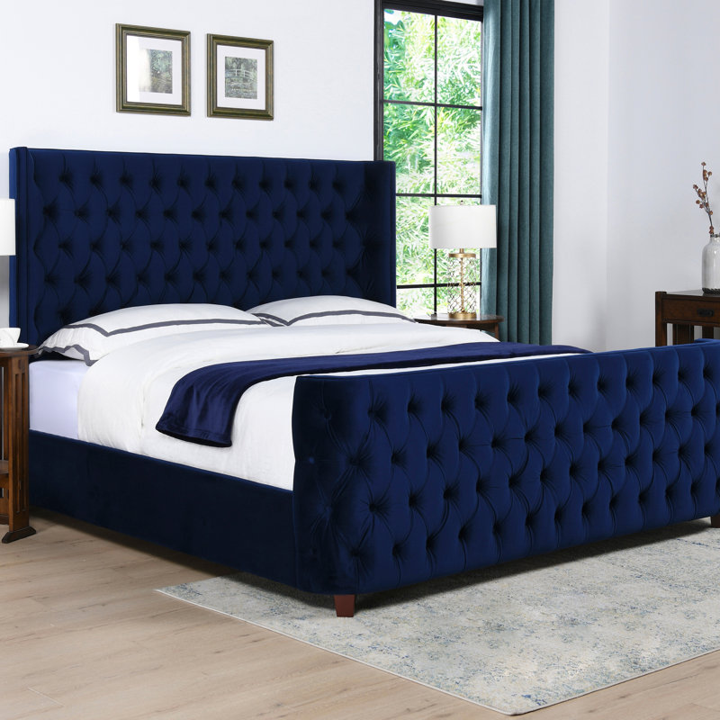 Currier Upholstered Wingback Bed, King, Navy Blue Velvet