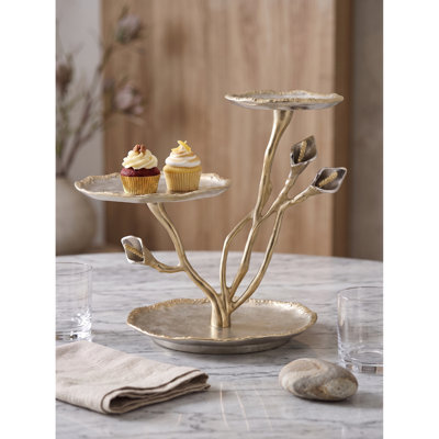3-Tier Calla Lily Aluminum Decorative Tray Stand in Gold and Silver