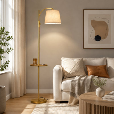 Golden fully dimmable standing floor lamp with a rotary switch, built-in table, beige linen shade, and adjustable head; includes a 9W LED bulb for living rooms and bedrooms.