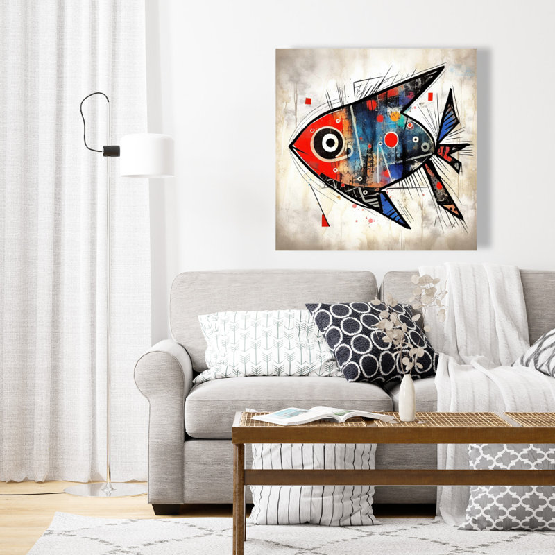 Toile de poisson bleu minimaliste sur toile - chambre à coucher, art mural