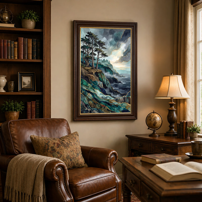 «Pine Trees on Layered Cliff with Gold Foil Lines», art mural sur toile, 24"H x 16"W