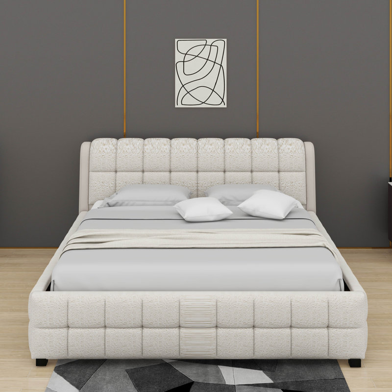 Lit plateforme tapissier avec tête et pied de lit épais, structure de lit tapissier avec motif, Blanc, Très grand lit