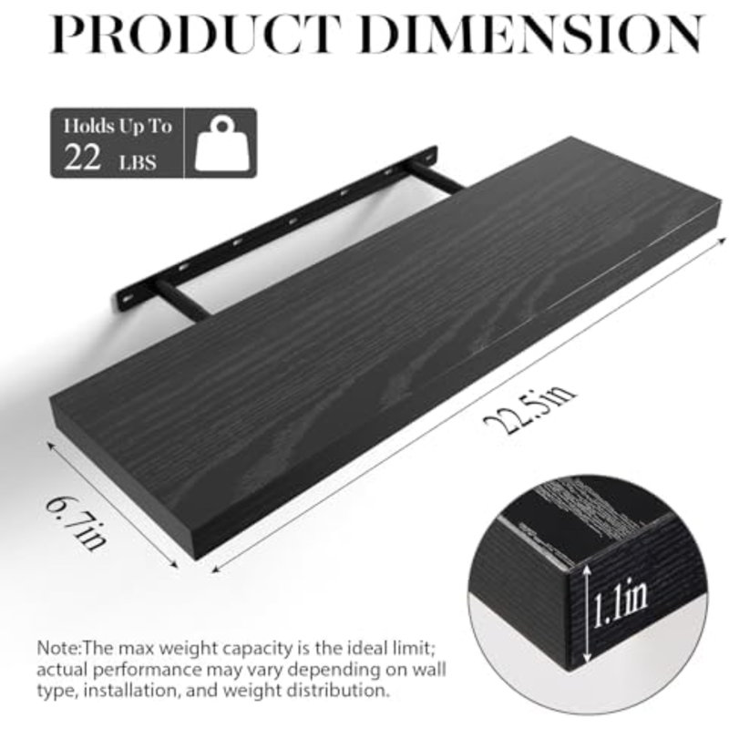 Floating Shelves For Wall, 22.5 Inches Wall Mounted Rustic Wood Shelves For Bathroom, Bedroom, Living Room, Floating Shelves For Books/Storage/Decor (Black,Set Of 3)