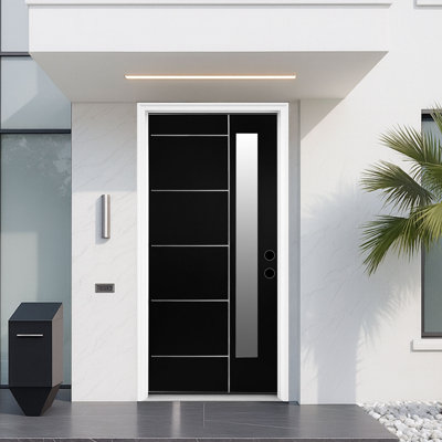 Porte d'entrée noire en fibre de verre avec rainures horizontales et verre givré vertical - porte d'entrée de 36 po x 80 po