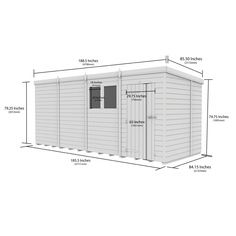 16ft x 7ft Pent Shed - Double Door without Windows
