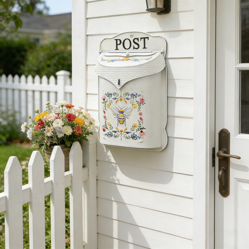 Boîte aux lettres murale pour porte d'entrée, porche ou jardin, style ferme, Blanc, H 15,5 po x l 10,7 po x P 3,7 po