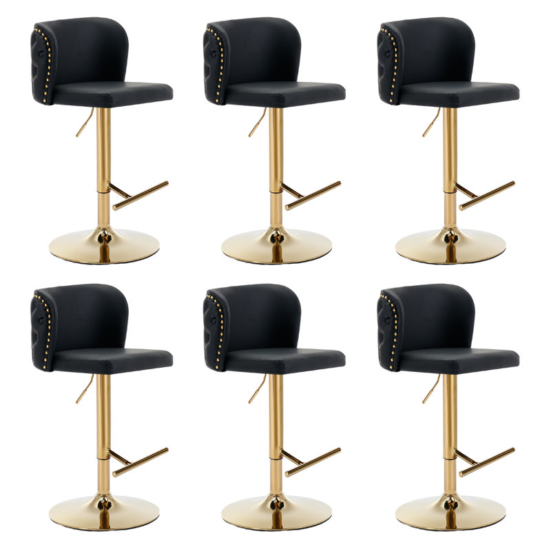 Tabourets de bar modernes rembourrés en polyuréthane avec dossier capitonné, ensemble de 2, Or, Noir, 6