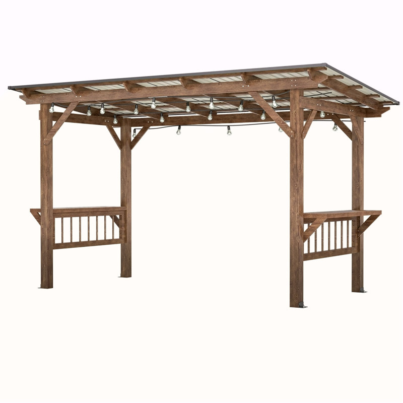 Pavillon de jardin en forme de pergola en bois 13 'X 6,5' avec toit en métal et ampoules et comptoirs de bar