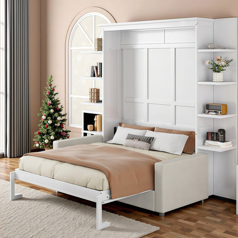 Grand lit escamotable avec canapé encastré VARELON, Blanc