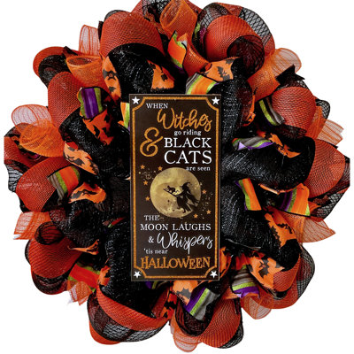 Halloween Wreath Witch With Black Cat6 24 inch Diameter Indoor/Outdoor Handmade Deco Mesh