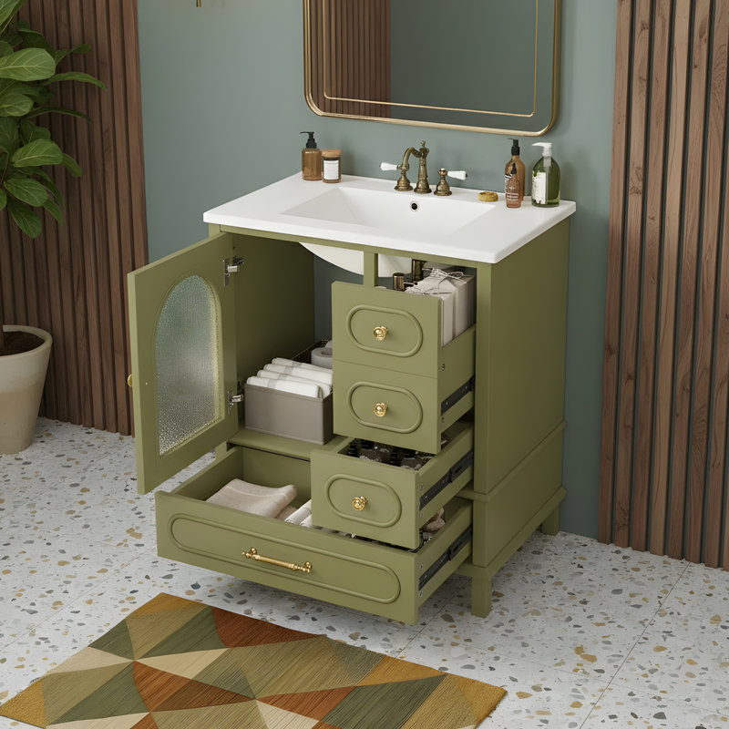 Meuble-lavabo simple autoportant avec 3 tiroirs de rangement, Vert