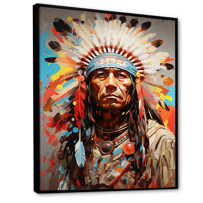 Native American Warrior Portrait - Art mural américain encadré, Cadre flottant noir, H 44 po x l 34 po x P 1,5 po