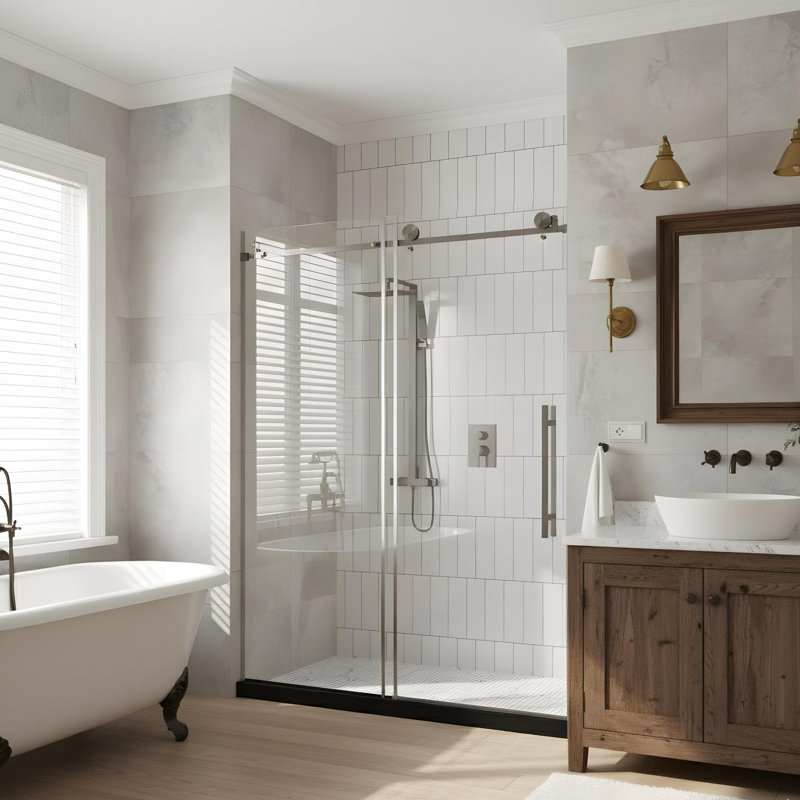 Porte de douche sans cadre de 56 à 60 po x H 76 po avec poignée en acier inoxydable, Nickel brossé