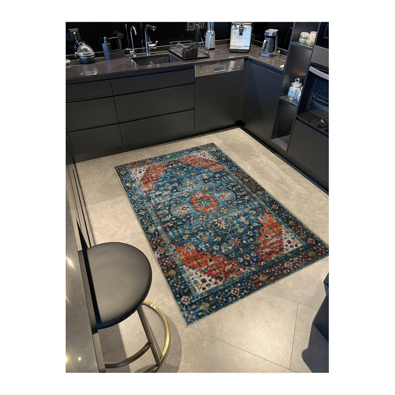 Tapis décoratif lavable rétro à motif bleu et orange traditionnel, Sous-tapis rectangulaire 5 pi 1 po x 7 pi 7 po inc