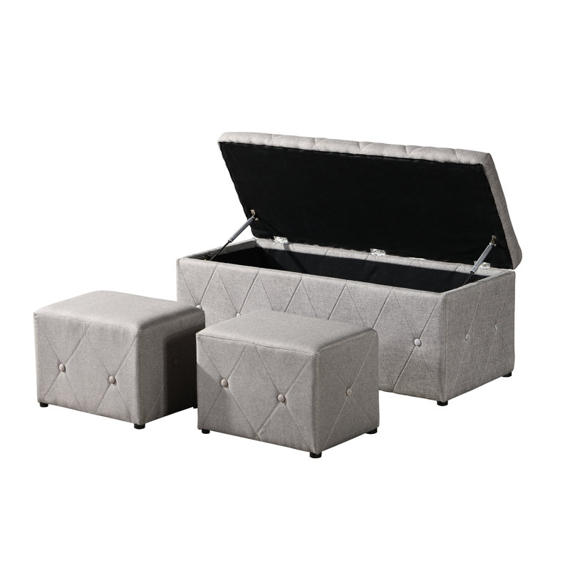 1 Piece Rectangular Storage Ottoman Fabric Linen With 2 Set Ottomans (Beige)