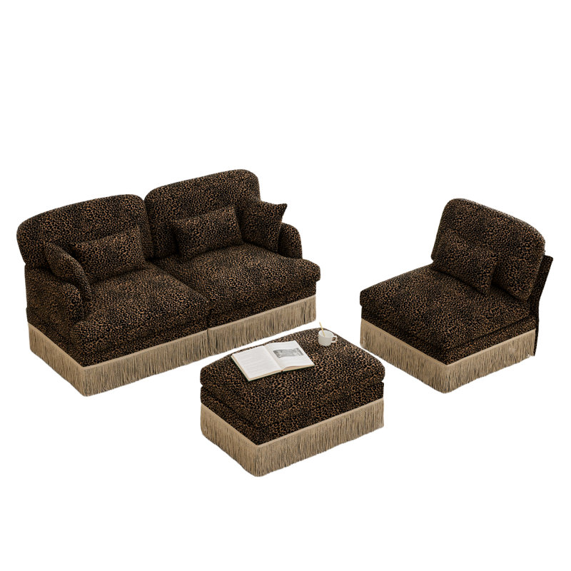 Canapé en L 100 po à imprimé léopard confortable en chenille, délicat bord de pompon, repose-pieds mobile, style moderne, dossier et siège ergonomiques, assemblage facile, siège profond pour le salon, brun noir