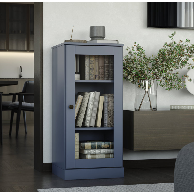 100% Solid Wood 3-Shelf Bookcase with Clear Glass Door and Adjustable Shelves, Antique Blue