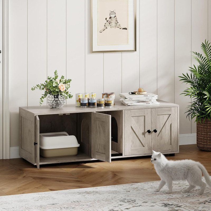 Enceinte de litière pour chat pour 2 chats - Meuble double caché, chatière d'intérieur, bac à litière multi-chats 43,4 po avec intimité et rangement