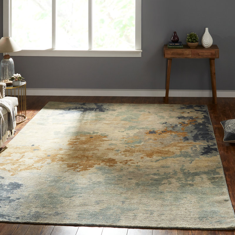 Tapis bleu abstrait en laine noué à la main Chadlee, Tapis de couloir beige